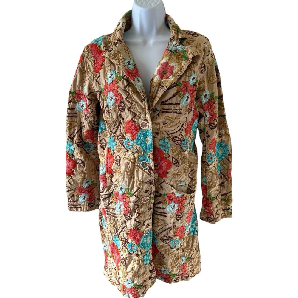 Johnny Was Floral Button-Front Embroidered Trench Coat Size Medium